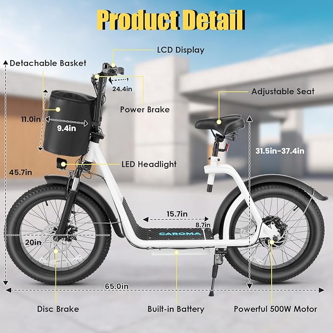 Caroma Electric Scooter with Seat for Adults, 800W Peak Motor, 20MPH & 30Miles Long Range, 20" Fat Tire Commuter E-Scooter with Basket for Grocery, Pets, and Daily Commute
