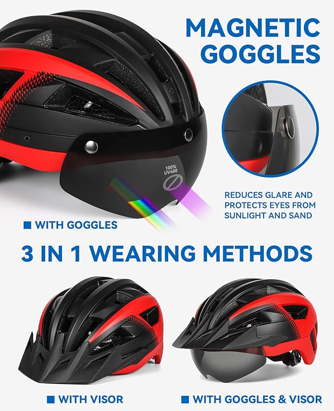 Adult Bike Helmet with Visor and Goggles for Men Women Mountain Road Bicycle Helmet Rechargeable Rear Light Cycling Helmet