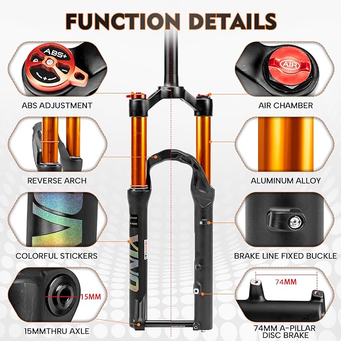 BUCKLOS YINO 24 inch MTB Air Suspension Fork 120mm Travel, QR 9mm/100 * 15mm Thru Axle Disc Brake, 1-1/8" Straight Tube Manual Lockout XC AM Ultralight Mountain Bike Front Forks
