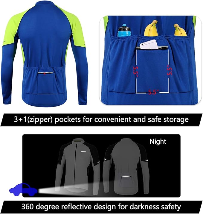 BERGRISAR Men's Basic Cycling Jerseys Long Sleeves Bike Bicycle Shirt Zipper Pockets BG012