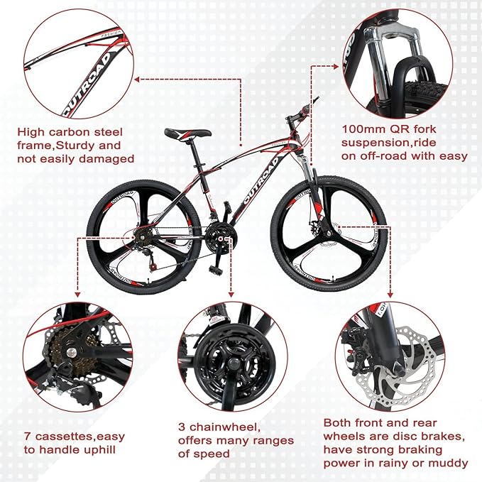 26" Mountain Bike, 7-Speed Lightweight High-Carbon Steel Frame, V Brakes & Front Suspension - Adjustable Ergonomic Seat for Men & Women(Quick Assembly, Multiple Colors)