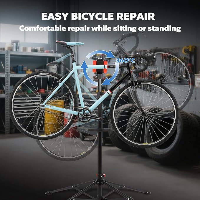 FAHKNS Bike Repair Stand Floor: Height Adjustable Bicycle Workshop Stand with Tool Tray for Road & Mountain Bikes, Red/Black