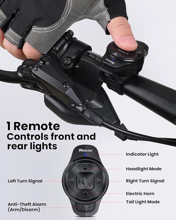 WSDCAM Smart Bike Light Set with Remote Control, Bike Tail Light with Turn Signals and Brake Light Bike Alarm Horn, Bike Headlight for Night Riding, Rechargeable Bicycle Lights Front and Rear