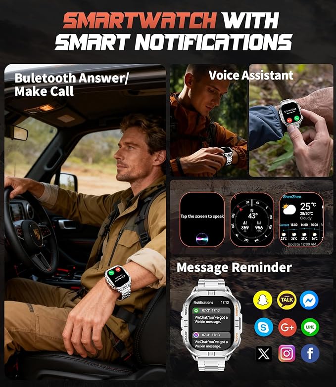 LIGE DM6 GPS Military Smart Watch for Men, 170+ Sport Modes/LED Flashlight/Compass/2.13'' AMOLED Smartwatches, IP68 Waterproof Fitness Watch, 600mAh/Pedometer Smart Watches for Android iOS, Sliver