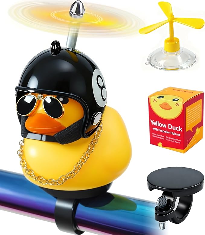 Rubber Duck Bike Decorations [New Stable Clamp Mount] Cute Squeak Duck Bike Bell [Two Helmet Propeller] Funny Bike Accessories E Scooter Motorcycle Cycling Gifts