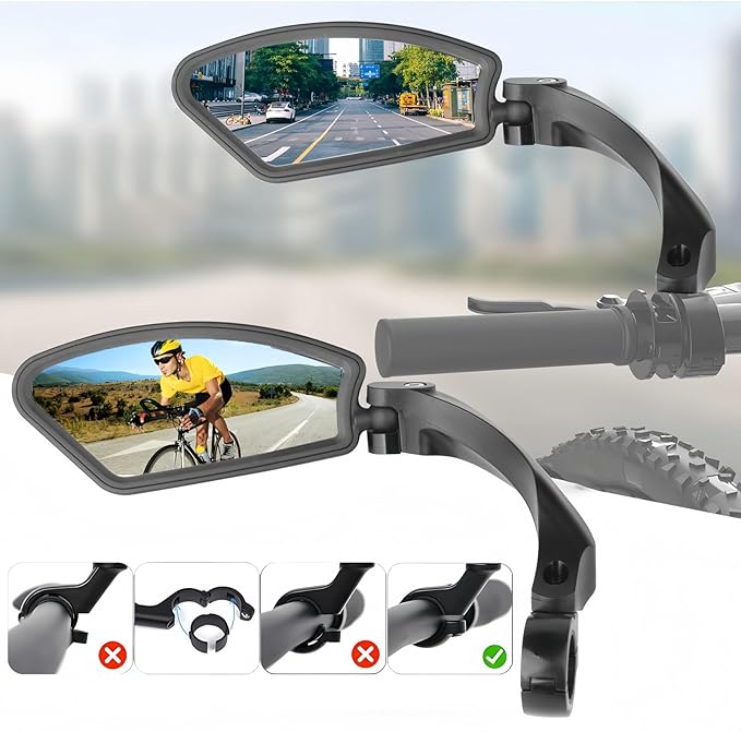 2 Pcs Bike Mirror, Adjustable Bicycle Mirrors for Handlebars with 360° Rotation, Shatterproof Scratch Resistant HD Glass Lens Bike Mirrors, Universal Fit for Mountain Bikes Road E-Bikes