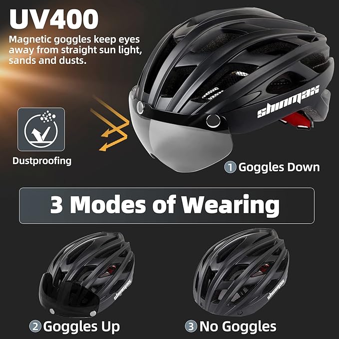 Shinmax Bike Helmet, CPSC/CPC Bike Helmet for Adult Men Women with Magnetic Goggles&Led Back Light Cycling Helmet Adjustable SM-T69