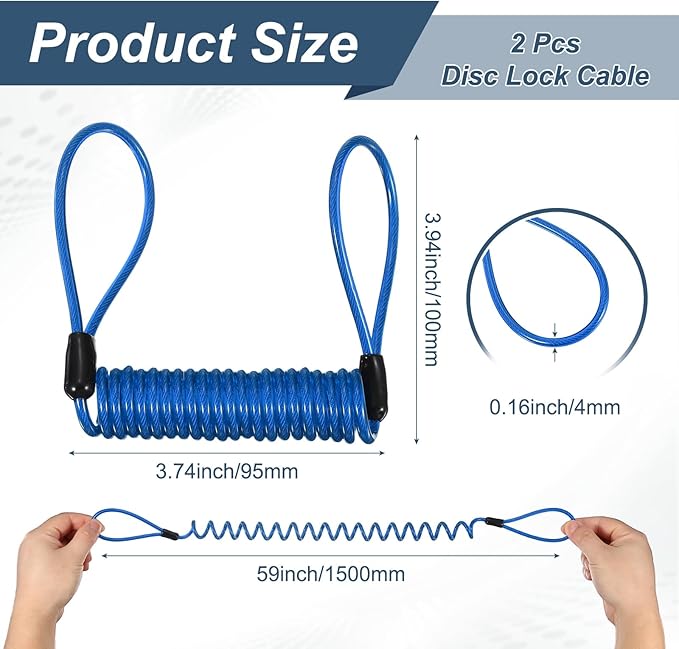 2-Pack Disc Lock Security Steel Cable, 59inch/1500mm PVC Coated Spring Reminder Wire Anti-Theft Rope for Outdoors Protection/Bicycle U-Lock, Motorcycle Reminder Cable [Blue]