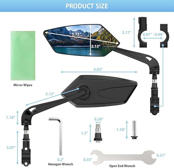 2 Pack Bike Mirrors, eBike Mirrors for Handlebars, 360° Adjustable Safety Bicycle Rear View Mirrors, Scratch Resistant Glass Lens, Bicycle Universal Fit Accessories