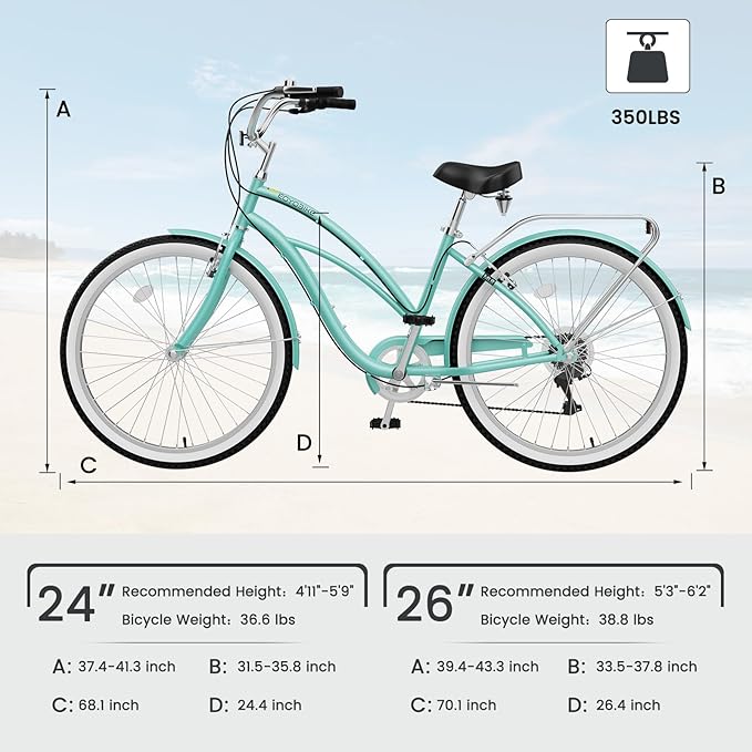 MOPHOTO 24" 26" Adult Bike 7-Speed Beach Cruiser Bike for Adults, Rear Rack, Fenders, Step-Through or Classic Frame