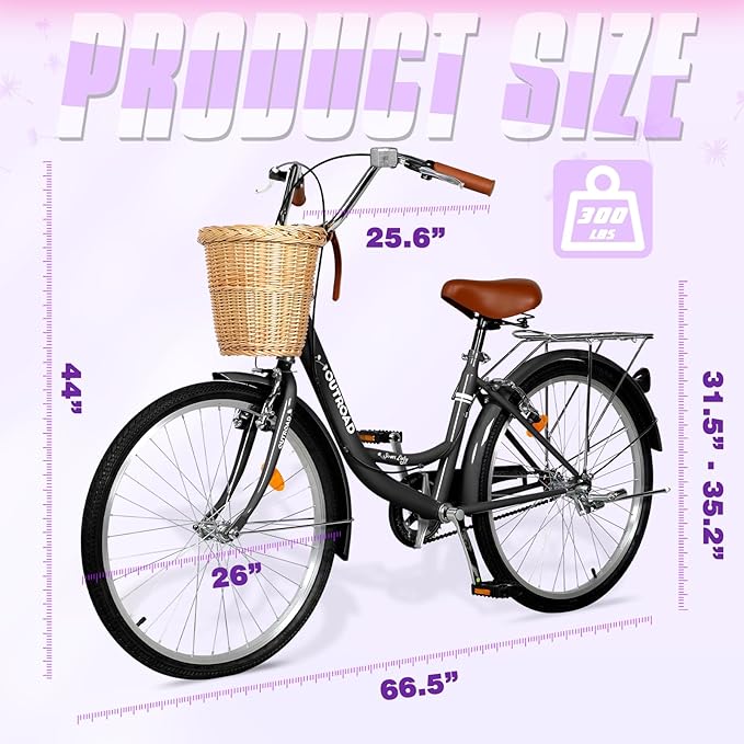 Betterland Beach Cruiser Bike for Women, 24/26 inch Hybrid Bike with Adjustable Seat, Womens Bike with Front Basket and Dual V-Brake, Step Through Comfort Bicycle for City Commuter