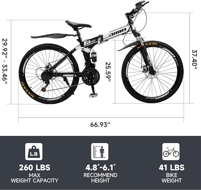 Bruce & Shark 26" Folding Mountain Bike for Men, 21 Speeds Full Suspension Commuter Bicycle, High Carbon Steel & Disc Brakes, Portable City Outdoor Bike for Adult Youth Teen