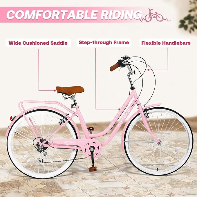 26 Inch Folding Beach Cruiser Bike for Women, 7-Speed Ladies Bike with Basket & Rack, Perfect for City Commuting's Bicycle, Ideal for Women and Adults