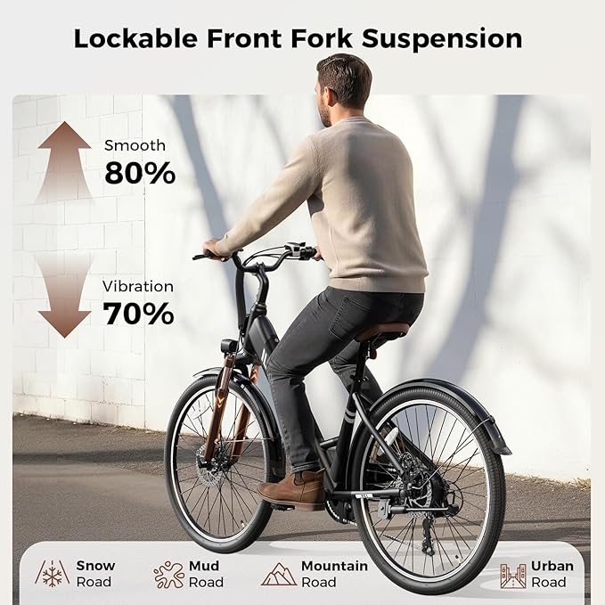 Jasion 26" Electric Bike for Adults, Internal Removable Battery Ebike with 3 Modes & 7-Speed, UL2849 Certified, 1200W Peak Motor, Max 28Mph & 50Miles, Shock Absorber, Electric City Commuter Bicycle