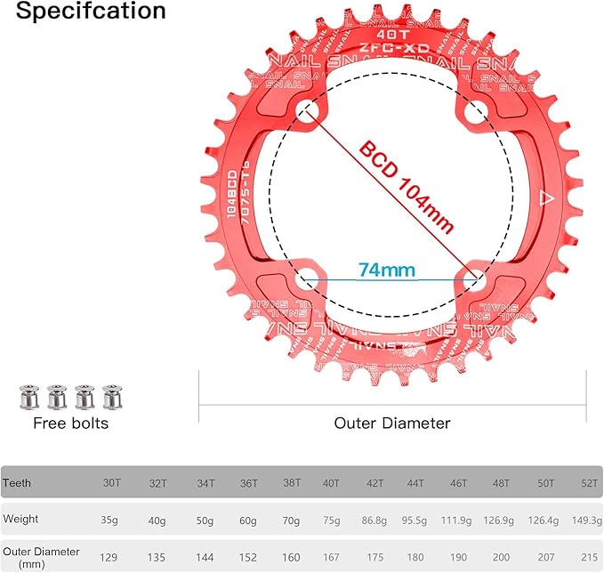 CYSKY 104 BCD Chainring 30T to 52T Narrow Wide Chainring with Sprocket Bolts for 1x Set-up Road Bike Mountain Bike BMX MTB Gravel Ebike