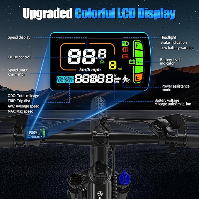 Electric Bike, 1000W Peak Motor, 26” E Bike for Adults, 40 Miles Range & 22 Mph Ebike, Electric Bicycle for Commute, 7 Speed & Colorful LCD Display (Light Blcak)