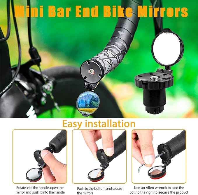 2 Pcs Bar End Bike Mirror, 360° Adjustable Handlebar Bar End Rear View Mirrors HD Glass Convex Lens E-bike Mirrors for Mountain Bikes, Bicycles, Scooters