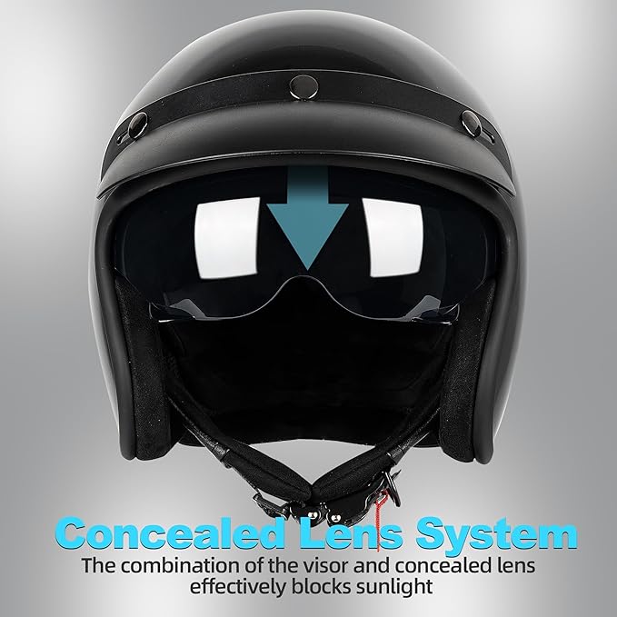 3/4 Open Face Retro Motorcycle Helmet Vintage Helmet for Motorbike Casco, Moped, Cruiser, Bobber, and Chopper - DOT Approved（Matte Black,2XL）