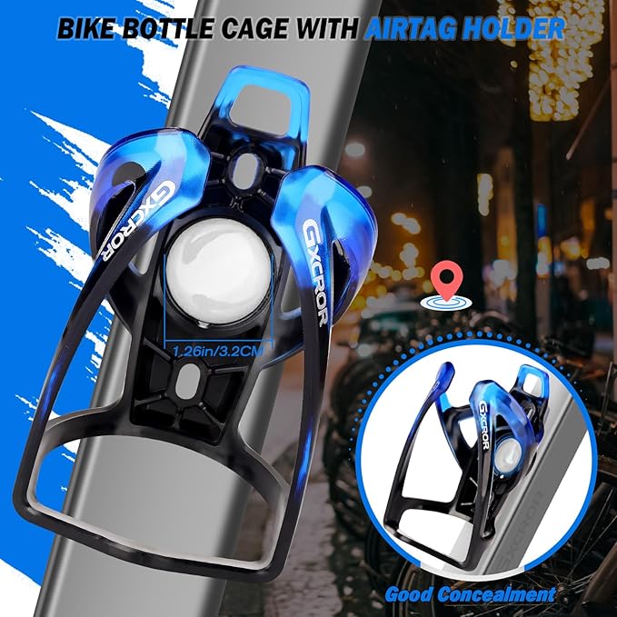 GXCROR Air Cage Bicycle Bottle Cage with Stealth Airtag Storage,Bike Water Bottle Holder,Water Bottle Holder for Bike,Durable,Bike Cup Holder for Most Bottle (BlackBlue&Bottle)