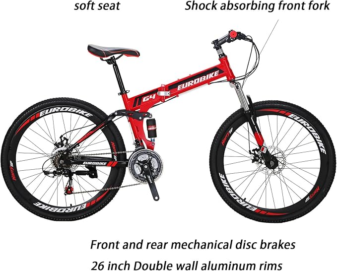EUROBIKE Folding Bike,26 Inch Full Suspension Folding Mountain Bike,Dual Disc Brake 21 Speed Bicycle for Adults Men or Women Bikes