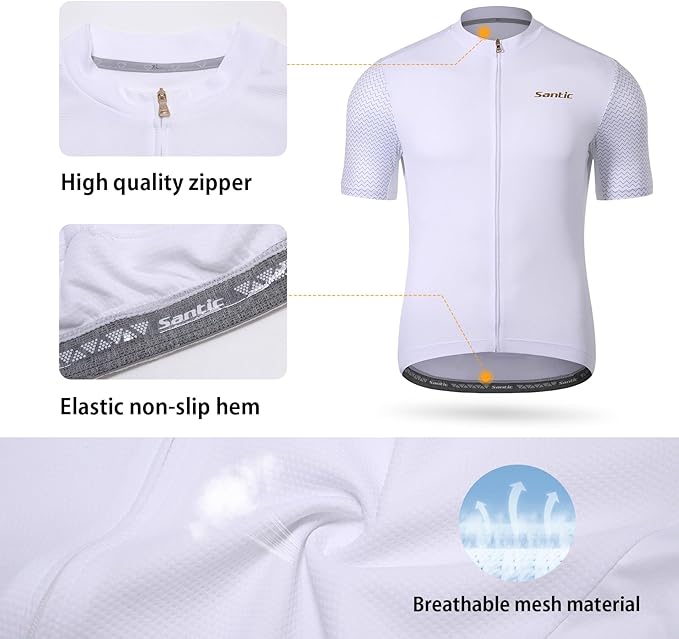 Santic Men's Cycling Jersey Short Sleeve Tops Pro Road Bike Shirt Full Zipper UPF 50+ MTB Jersey with Pockets