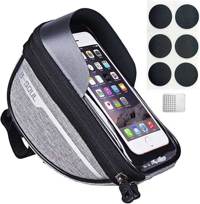 Bike Phone Front Frame Bag, Waterproof, Tube Case, Bicycle Phone Holder, Bike Handlebar Bag, Bicycle Accessories Compatible Cellphone Under 7.2”, Cycling Pouch with 6Pcs Glue-free Tire Patches