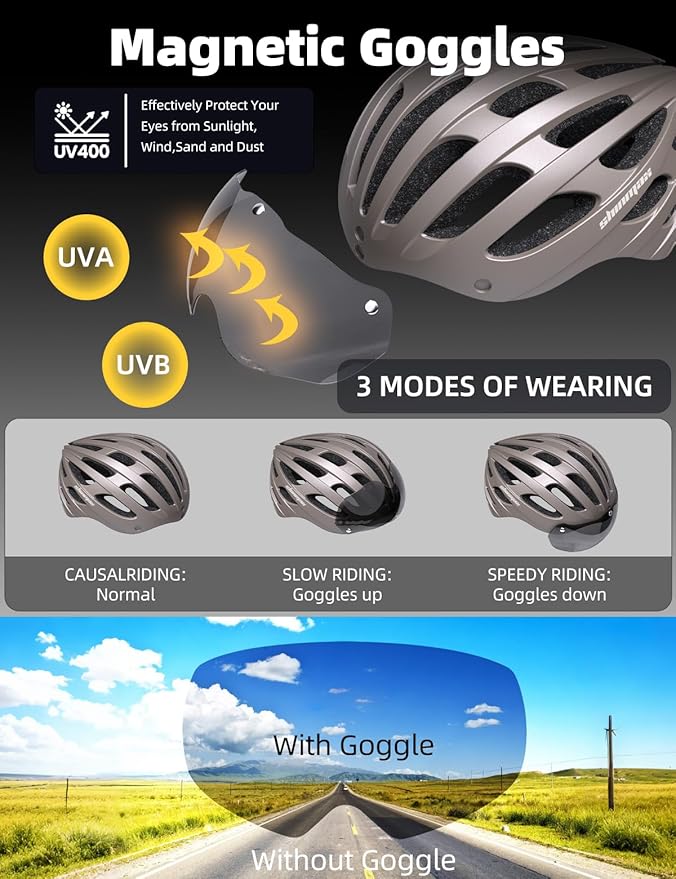 Shinmax Bike Helmet with USB Rechargeable Light & Detachable Magnetic Goggles UV Protective, Bicycle Helmet Men Women Mountain Road Adjustable Adult Cycling Helmet (WT-049)