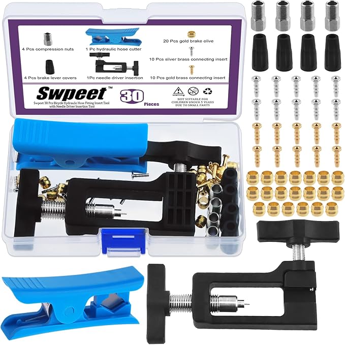 Swpeet 50Pcs BH59 Disc Brake Cable Hose Cutter with Bicycle Hydraulic Hose Fitting Insert Tool and Hydraulic Hose Cutter Assortment Kit, Needle Driver Insertion Tool Install Brake Olive and Inserts