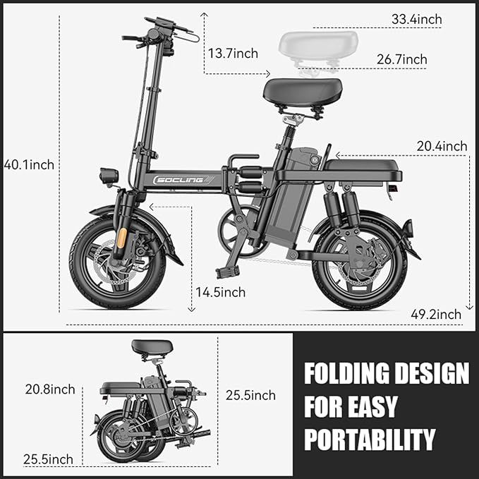Adult Electric Folding Ebike 1200W Peak Rated 500W Motor 48V 15Ah- Max 28MPH High-Speed, Level 3 Assist, Dual Disc Brakes, 14" with Pedal Assist, Folding Bicycle for Commuter