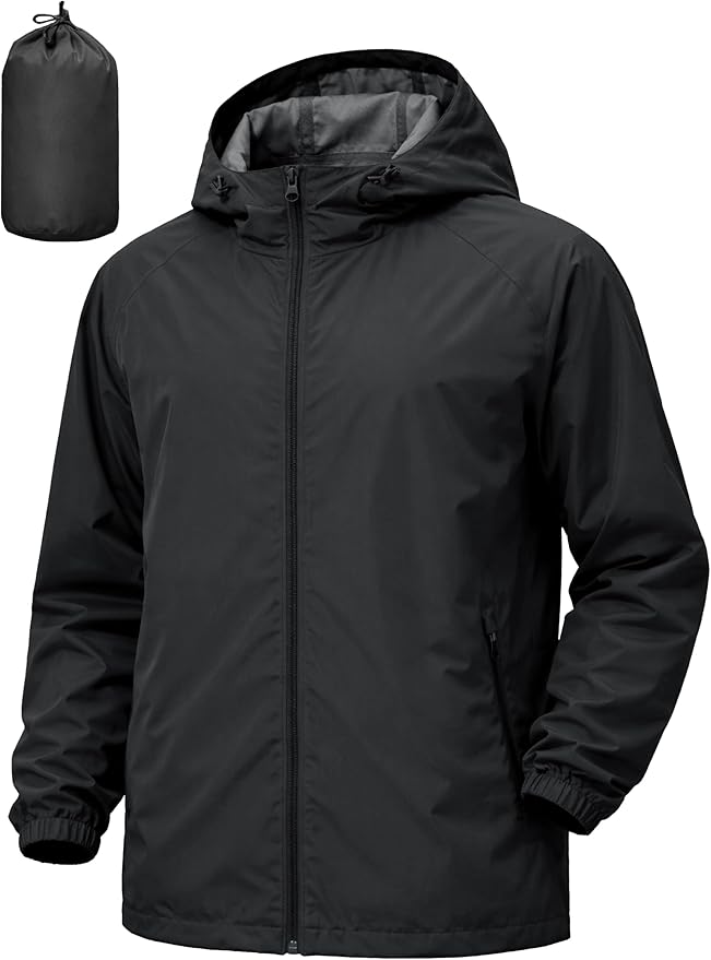 Men's Rain Jacket Windbreaker Waterproof Jacket Raincoat Cycling Running Hiking Gear Hood Lightweight Packable