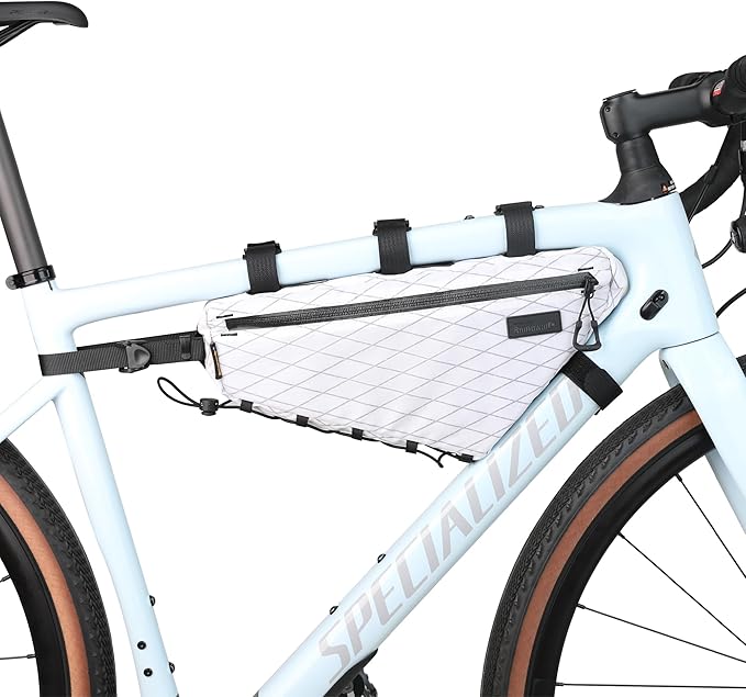 Rhinowalk BHD0018 Bike Frame Triangle Bag 2.9L, Waterproof Storage Bag with YKK Zippers, Cable Port & Pump Holder, Fits Hydration Pack – White