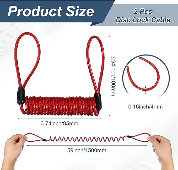2-Pack Disc Lock Security Steel Cable, 59inch/1500mm PVC Coated Spring Reminder Wire Anti-Theft Rope for Outdoors Protection/Bicycle U-Lock, Motorcycle Reminder Cable [Red]