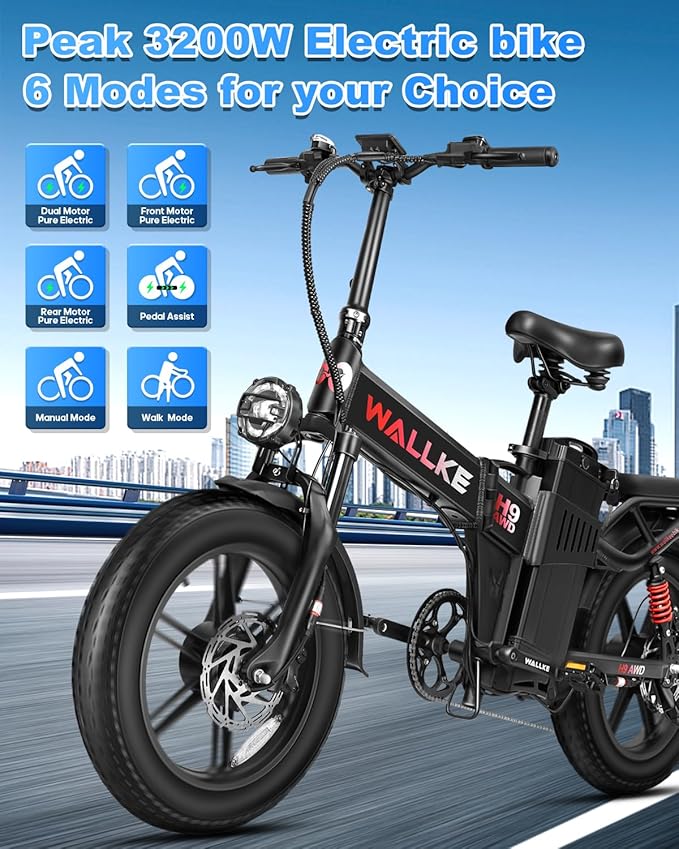Wallke H9 Ultra 4000W Long Range Electric Bike for Adults, 55Ah 2640Wh 180 Mile, 37MPH Fast Ebike, 2-in-1 Battery AC/DC Power Hub & AC/Solar-Charging, Torque Sensor, Air Suspension,20" Fat Tire E Bike