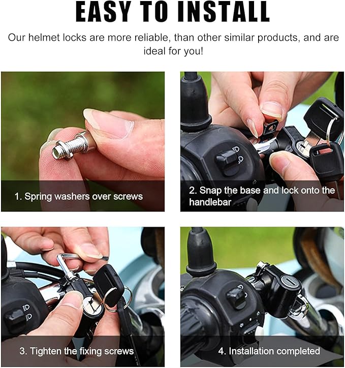 Motorcycle Helmet Anti-Theft Lock, Motorbike and Bicycle Helmet Safety Lock with Two Keys, Handlebar Mounting Tamper-Proof Helmet Security Lock, Motorcycle Accessories (Black+Black)