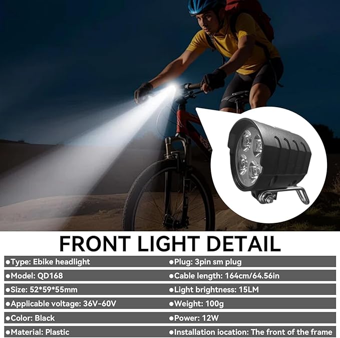 Ebike Headlight and Tail Light Sets, Ebike Light Kit Front Rear Warning Lights with Turning Light, Brake Light, Horn for Riding Cycling