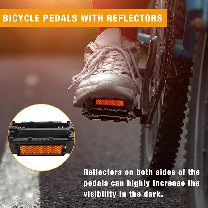 Nylon Bike Pedals with Ball Bearings, Anti-Slip Surface, Reflective Strips, One-Piece PP/Black Nylon, Boron Axle, 4.25"x4.06"x1", Standard 9/16" ≈ 0.56" Durable for MTB, Road & Commuter Bikes