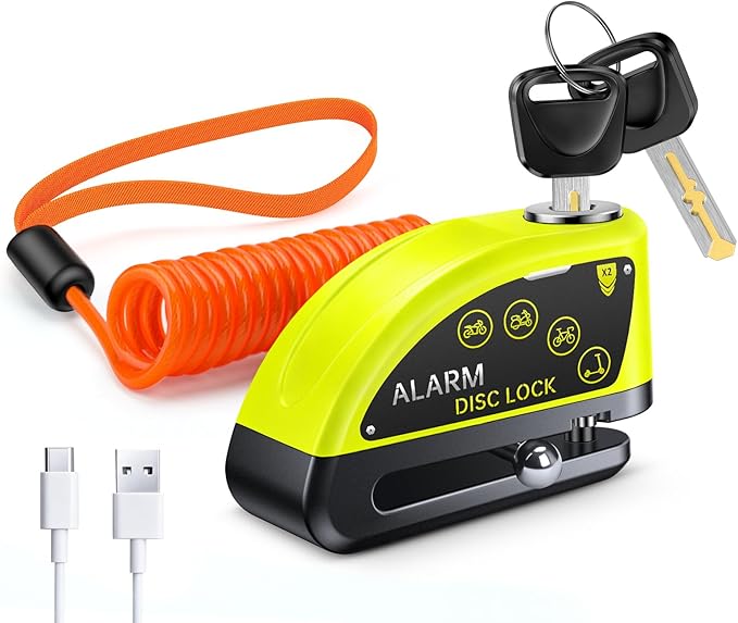 Motorcycle Disc Lock with Alarm, Electric Scooter Lock Heavy Duty Anti-Theft with 120dB Alarm, 5FT Reminder Cable for Helmet Anti-Theft, Rechargeable (Green)