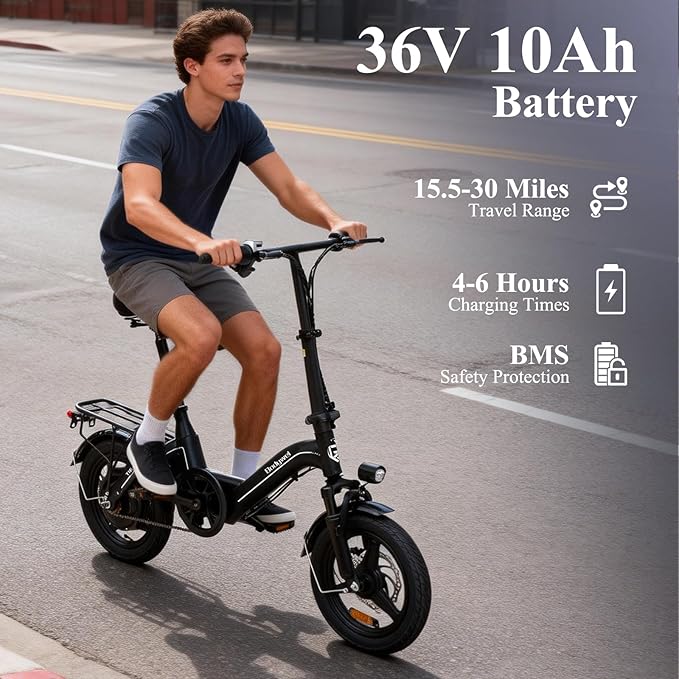 Bodywel Electric Bike for Adults, 14" Mini Foldable Ebike, 750W Peak Motor, 36V 10Ah Battery, 20 MPH, 18-25 Miles Range, City Commuter