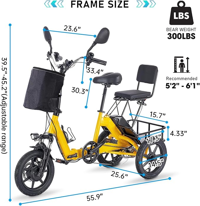 E Trike Electric Bike, 350W(Peak 500W) Brushless Motor Folding Trike, 2 Seats Ebike, 480Wh Removable Battery, Step-Thru 3 Wheel Electric Bicycle, Up to 45 Miles, Tricycle for Adults Parents