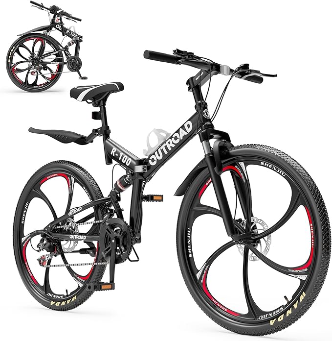 26 inch Folding Mountain Bike, Carbon Steel Frame and 21 Speed, Double Disc Brake and Dual Suspension Folding Bike for Adults/Men/Women, Easy Assembly Bicycle(Black/Green/Orange)