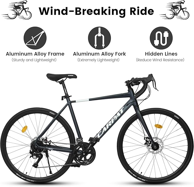 700c x 28c Road Bike with Drop Bar, 16 Speed Road Bicycle, Lightweight Aluminum Frame, Racing Bike with Dual Disc Brake for Men Women Adults, Ideal for High-Intensity Riding
