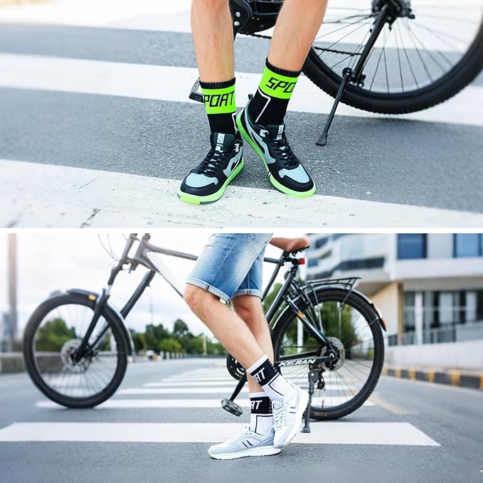 5 Pairs Cycling Socks for Men Compression Athletic Crew Socks Reflective Bike Sock for Hiking Running Climbing Basketball