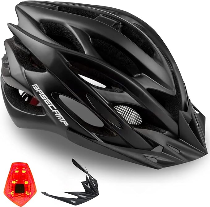 Basecamp Bike Helmet for Women Men with LED Safety Light Removable Sun Visor Lightweight Bicycle Helmet Adjustable Breathable Mountain & Road Cycling Helmets for Adult