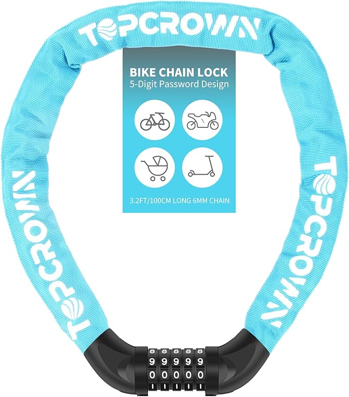 Bike Chain Lock 3.2Ft Long High Security Heavy Duty Anti Theft, 5 Digit Combination Resettable Keyless Bicycle Lock for Bike/Electric Scooter/Ebike/Motorcycle(Sky Blue)