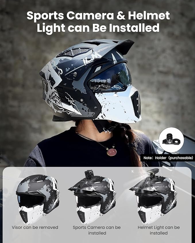 ILM Open Face Motorcycle 3/4 Half Helmet for Men and Women, Vintage Retro Helmet with Visor for Moped ATV Cruiser Scooter DOT Model Z302(Matte Skull,X-Large)