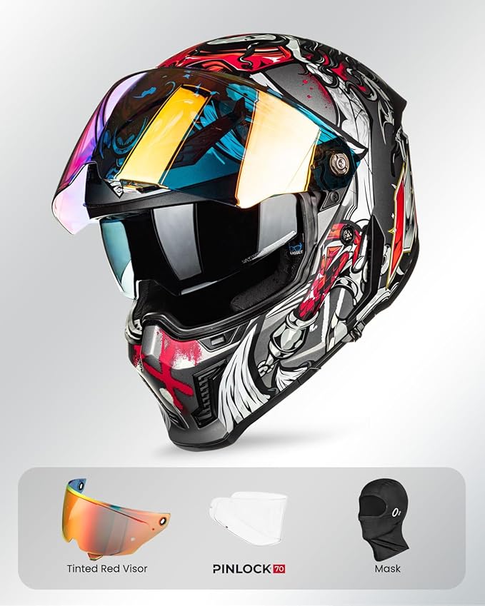 ILM Motorcycle Helmets for Adult Men Women Full Face DOT ECE Powersports Dual Visor Street Racing Helmet with Pinlock Cascos para Motos Model MF509 (Ronin Red, M)