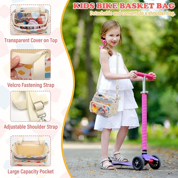 Kids Bike Scooter Front Mount Bike Basket, Waterproof Bike Rack Basket Handlebar Bag, Kids Basket for Bicycle Accessories Fit Most Boys, Girls, Toddlers Bike or Scooter