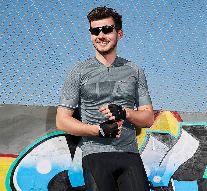 Santic Men's Cycling Jersey Short Sleeve Tops Pro Road Bike Shirt Full Zipper UPF 50+ MTB Jersey with Pockets