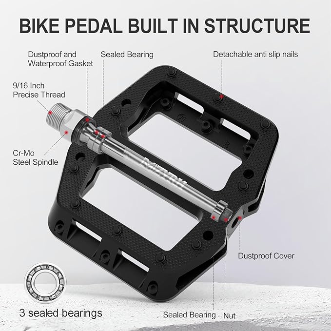 MZYRH Mountain Bike Pedals 9/16" 3 Sealed Bearings Lightweight Non-Slip Nylon Fiber Bicycle Platform Pedals for Road BMX MTB