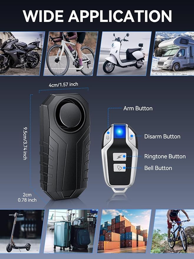 Onvian Upgraded Rechargeable Bike Alarm, Wireless Vibration Motion Sensor Antitheft Bike Alarm, IP65 Waterproof Motorcycle Alarm with Remote, Bike Accessories, for Ebikes Bike Scooter Car